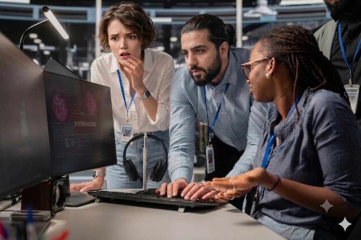 A product team reviewing a security issue on a monitor